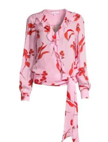 Revolve NWT Parker Pasha Ruffle Blouse Pink Red Floral Wrap Ruffle Silk  Top