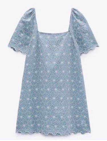 ZARA Light Blue and White Floral Eyelet Shift Mini Dress