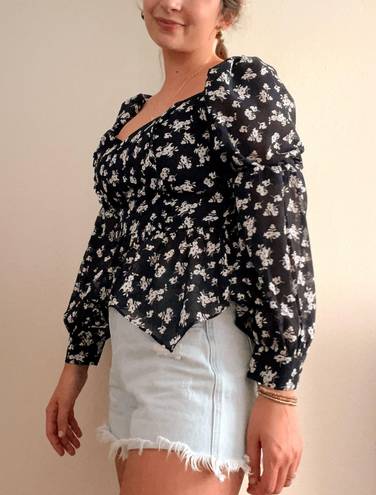 Lane 201 Navy Blue Flattering Floral Long Sleeve Puffy Sleeve Peplum Blouse Top