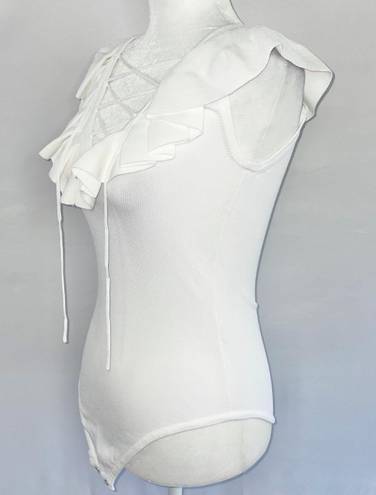 Central Park West New  Lace Up Ruffle Sleeveless Knit Bodysuit White