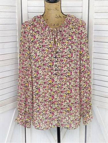 Loft Ann Taylor Ruffle Trim Tie Neck Floral Chiffon Blouse Large Beige Pink