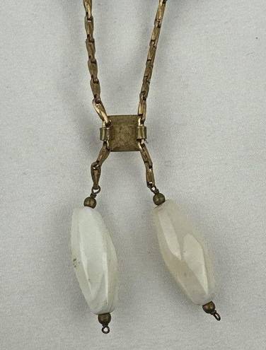 Onyx Vintage Semi Precious White Agate  Beaded Brass Chain Lariat Necklace