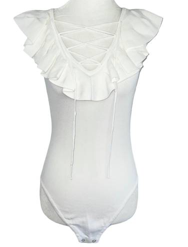 Central Park West New  Lace Up Ruffle Sleeveless Knit Bodysuit White