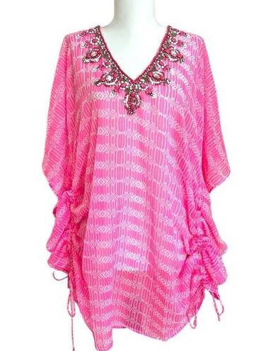 Yumi Kim NWT  Maze Cover Up Jeweled Beaded Cinched Kaftan Hot Pink Sheer Size M/L