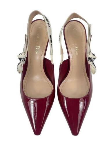 Dior  J'Adior Red Patent Leather Pointed Toe Logo Bow Slingback Pumps Size 36.5