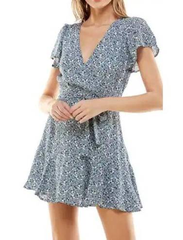 The Row  A Women's Blue Floral Faux Wrap Tie Waist Short Sleeve Dress S NWOT