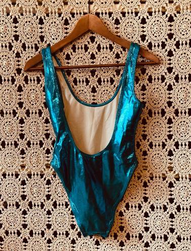 Urban Outfitters Private Party Metallic Shiny Turquoise Blue Palm Tree One Piece Bathing Suit S/M