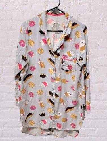 Xhilaration Sleepwear Sleep shirt gray pink sprinkled donuts and coffee button front size L