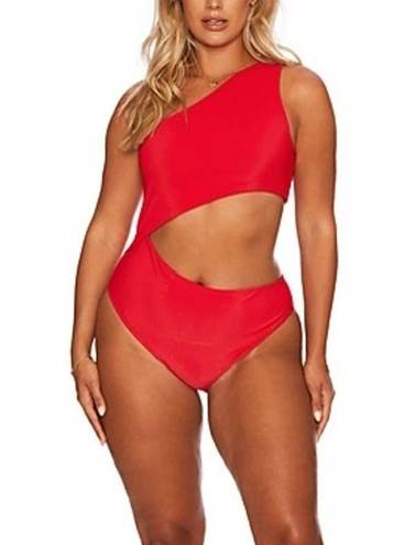 Beach Riot  Celine One Shoulder Cutout One Piece Red Ribbed Swimsuit Size XL