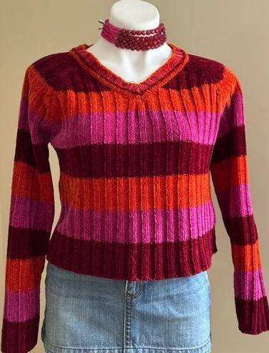 Energie Sweater Stripes Bright Red,Pink, & Orange V Neck SZ M Great Cond