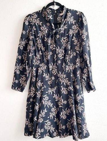 Rebecca Taylor  Dress 100% Silk Long Sleeves Tie Neck Navy & Pink Floral Sz 6 EUC