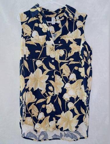 Joie  blue floral print linen blend button up collared tank top size medium