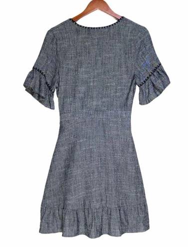 Moon River Heather Gray Blanket Stitch Linen Blend Ruffle Wrap Mini Dress