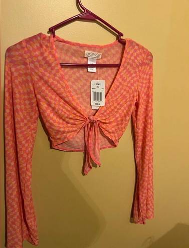 l*space L* Cover Up Bandera Top Sheer Mesh Tie Front Pink/Orange Size XS