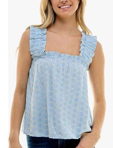 AQUA  Eyelet Top Size Large Blue Ruffle Pullover Wide Strap Woven Tank NEW