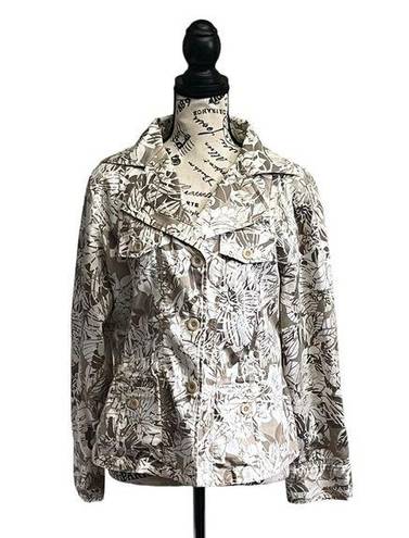 Chico's  2 Tan Floral Camo Jacket Blazer Stretch Tie Back Button Front Pockets L