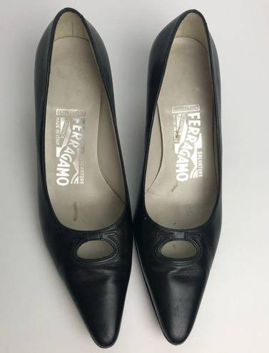 Salvatore Ferragamo  Black Leather Kitten Heel Vintage