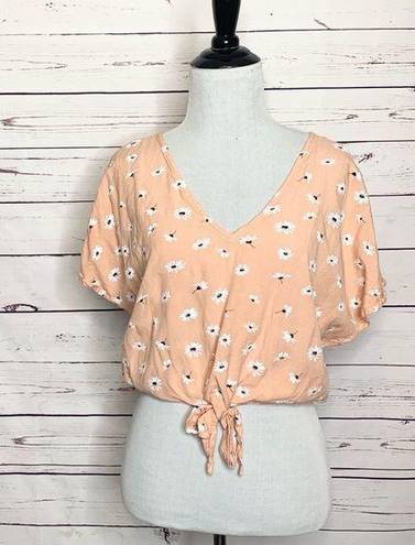 Sim & Sam  Peach Floral Daisy Print Tie Front Crop Top Size Small