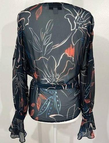 Stylestalker Floral Print Sheer Chiffon Bell Sleeve Wrap Blouse Navy Size Small