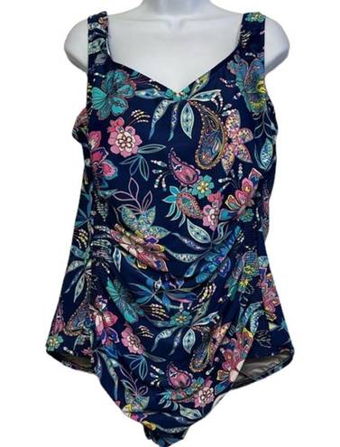 Maxine of Hollywood Women's Plus Size  Shirred Swimsuit Navy Blue Floral Size 18