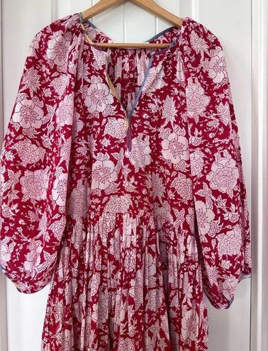 Ruby Alix of Bohemia Tuesday  Dress Red Floral Cotton Midi Dress Boho Size M