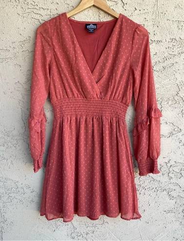 Angie Women's Sunset Coral Boho Swiss Dot Ruffle Long Sleeve V-Neck Dress Medium