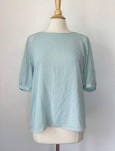 Calvin Klein Solid Pastel Blue Swiss Dot Silver Metallic Chiffon Short Sleeve Blouse