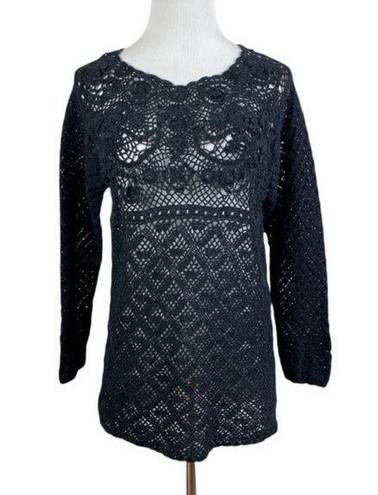 Carole Little  Knitwear Sweater‎ Small Black Open Crochet Knit Floral Long Sleeve