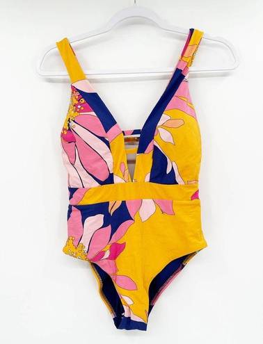 Trina Turk  Yellow Floral Print One Piece Plunge Neck Swimsuit Size 8 NWOT