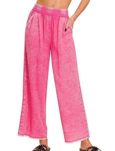 Zenana Outfitters NEW The Marilee Fuchsia Frayed Hem Linen-Blend Pants SIZE Large Boutique