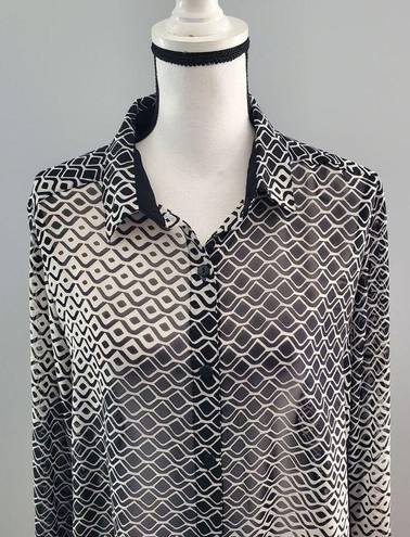 Style & Co . Women's Sheer Black & White Button Down Top L