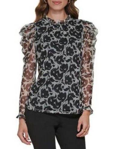 DKNY  FLORAL Long Sleeve Ruffle Neck Blouse Top SIZE SMALL white black