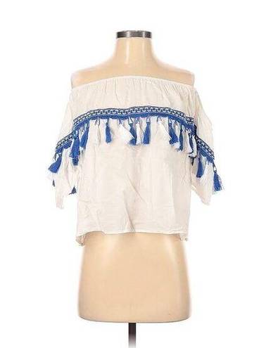 Blue Rain 🌸  White Blue Tassel Short Sleeve Blouse Size Small