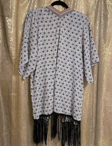 Sweet Rain  Black White Boho Geometric Fringe Tassel Kimono Duster, S-XL