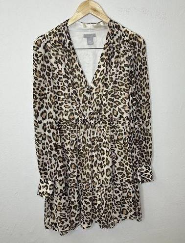 Divided  H&M Leopard Print Dress Women's Fit and Flare Tan Size 4 Long Sleeve Tan