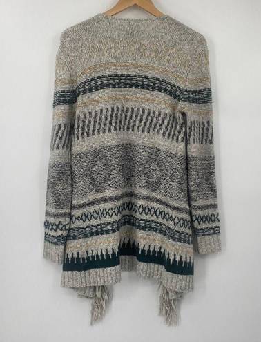 CAbi  Shetland Fringed Cardigan Sweater Open Front Longline Duster Gray Cream XXS