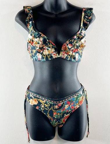 Agua Bendita  Malena Sweetheart Ruffle Two Piece Floral Bikini Green Large