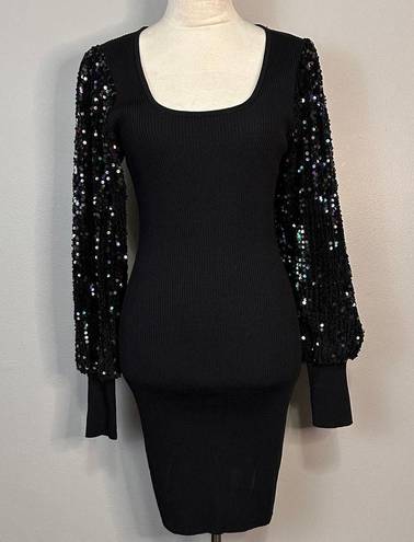 Vine & Love  Black Sequin Bishop Sleeve Ribbed Bodycon Mini Dress Sz L