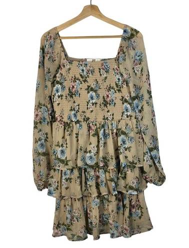 Madden Girl Madden NYC Beige & Blue Floral Long Sleeve Tiered Mini Dress XXL