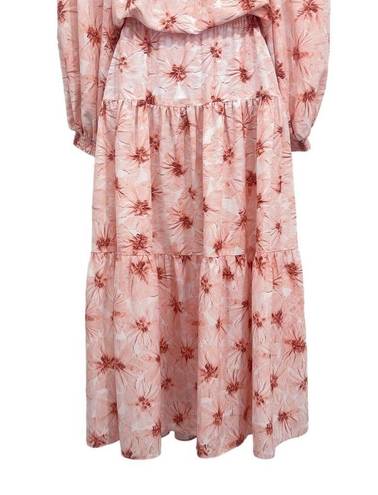 Alexis  Tilia Off the Shoulder Floral Print Tiered Midi Dress Tassel Tie Pink