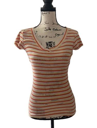 Poof ! SZ S white, orange and yellow striped t-shirt