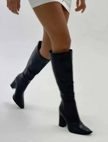 Princess Polly Keely Matte Black Faux Leather Knee High Heeled Boots 7