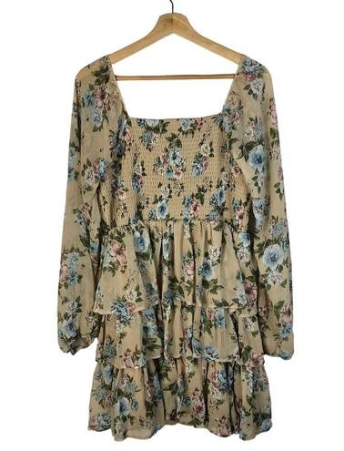 Madden Girl Madden NYC Beige & Blue Floral Long Sleeve Tiered Mini Dress XXL