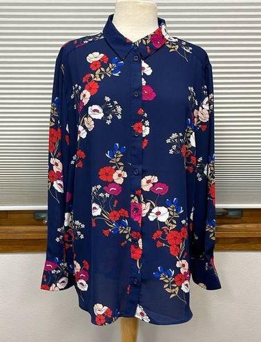 Popsugar  Blue Floral Print Long Sleeve Button Down Blouse Size 1X