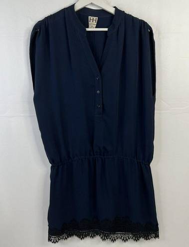 Haute Hippie   Size S Silk Navy Blue Dress Lace Trim V-Neck Mini Ruched Shoulders