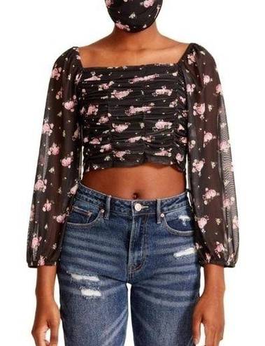 Madden Girl   Floral-Print Peasant Top With Mask, Black Ruched Size XXL NWT