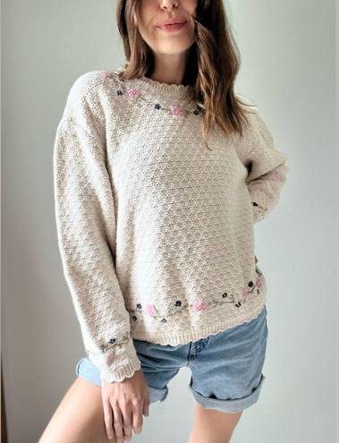 Northern Reflections  Cream Floral Embroidered Knit Sweater Size XL