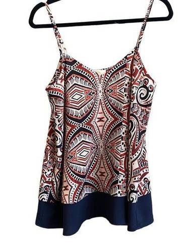 Collective Concepts  Red/Blue/Cream Abstract Print Cami with Solid Hem. Size L.