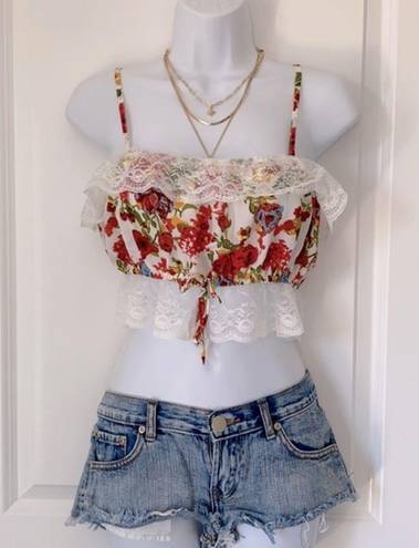 90s Y2K Red Floral Lace Bandeau Tube Crop Top S M​ Size M