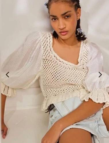 Free People NWT  - Megan Crochet Knit Ivory Top XS Boho Peasant Festival Blouse